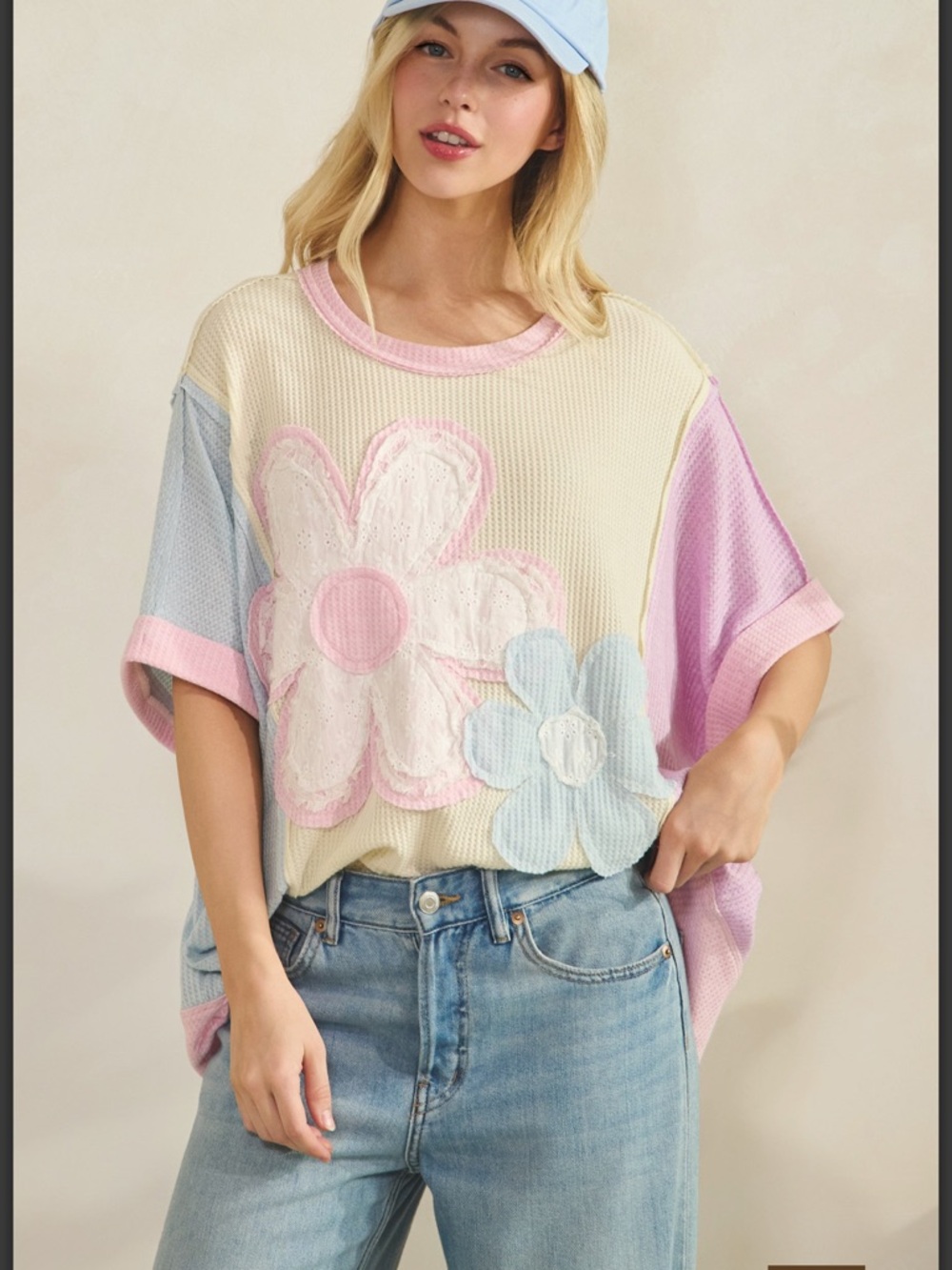 💕 PLUS Sage + Fig Pastel Floral Waffle-Knit Short Sleeve Shirt - Picture 3 of 8
